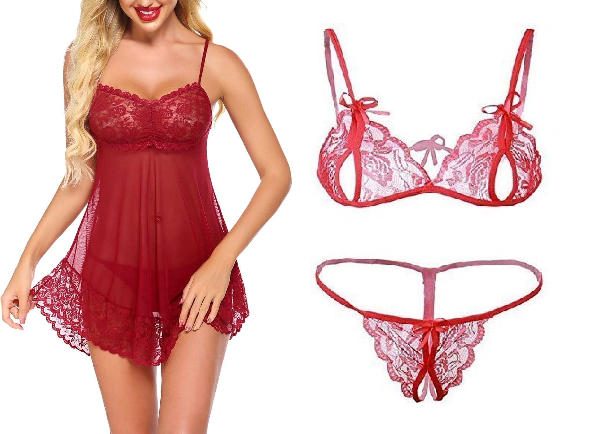 girlfriend Lace Babydoll Lingerie Sexy Mini Chemise Mesh Wedding Nightie Bridal Nightdress with Bikini-picture-25