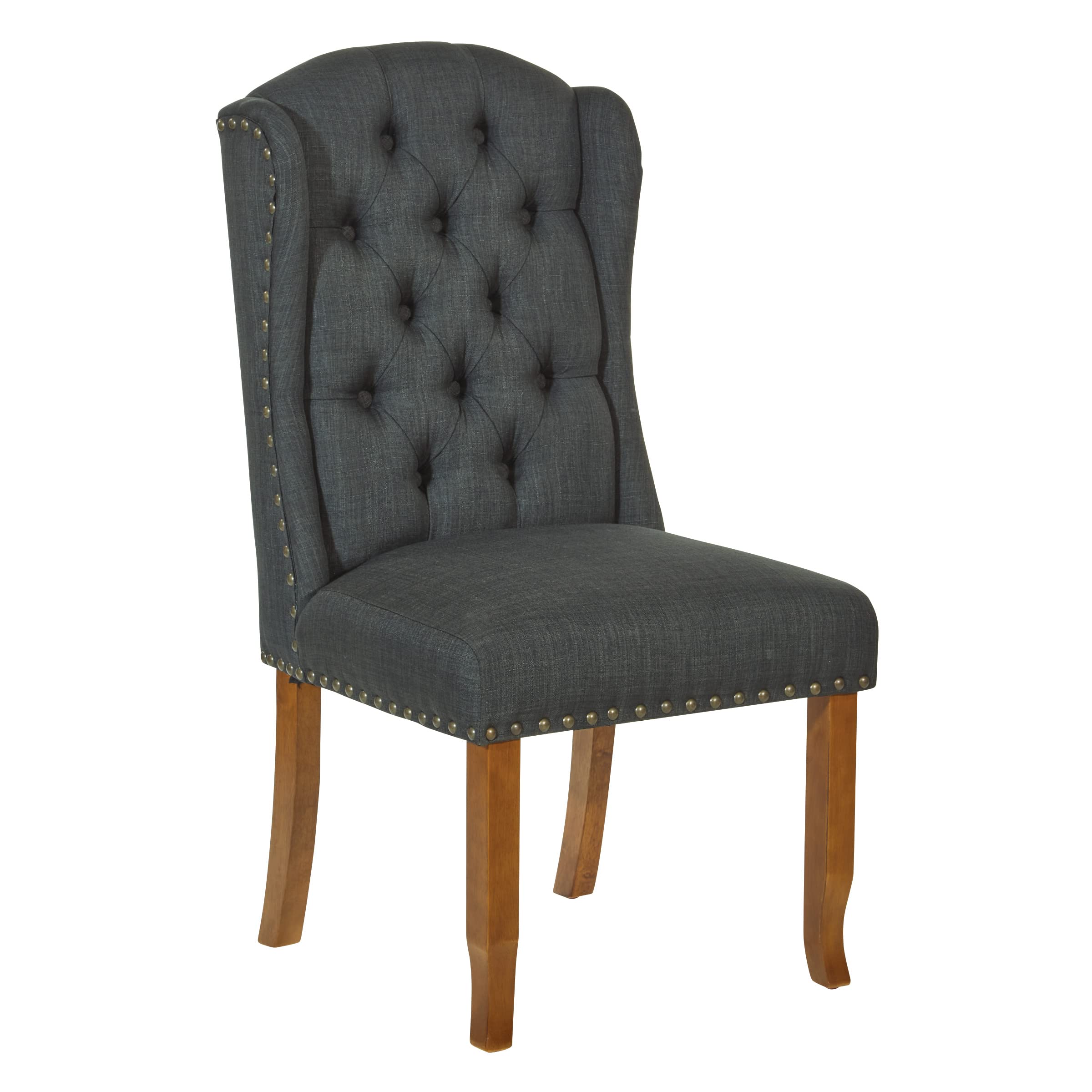 OSP Home Furnishings Jessica Button Tufted Wingback Upholstered Dining Chair with Wood Legs, Charcoal Fabric