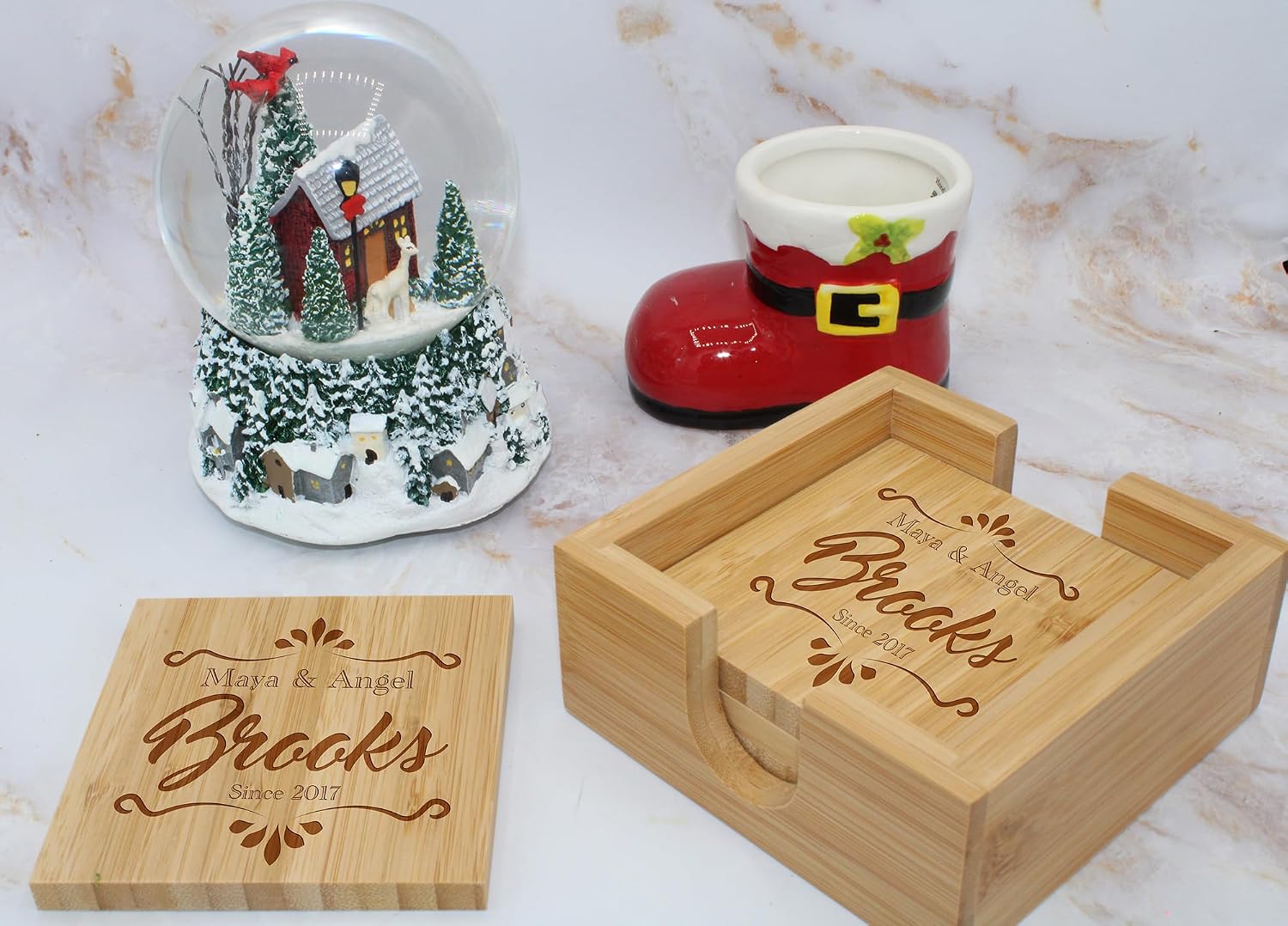 Tayfus Personalized Bamboo Coasters, Set of 4 Square Custom Coaster with Holder, Customized Gift Ideas for Christmas, Anniversary, Housewarming, Birthday, Engagement, Wedding