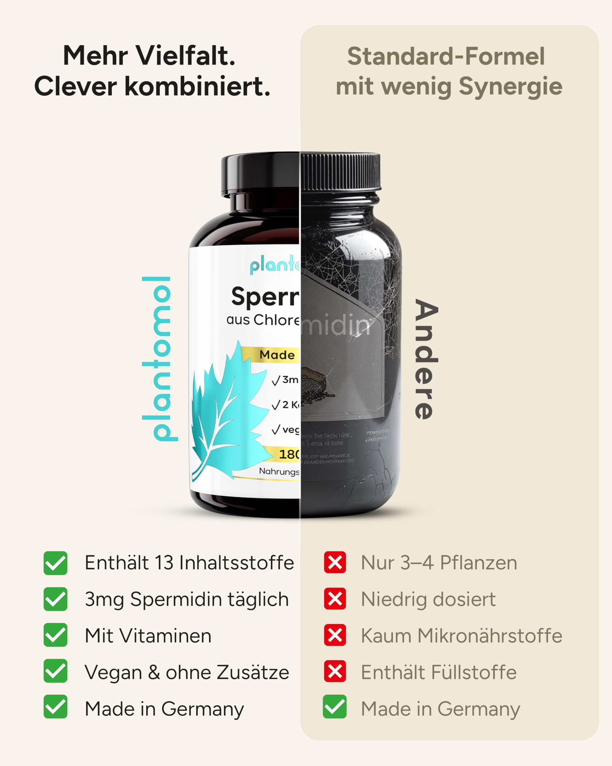 180 Spermidin Kapseln hochdosiert aus Chlorella - hoher natürlicher Chlorophyll Gehalt + 3mg Spermidine hochdosiert - 3 Monatsvorrat