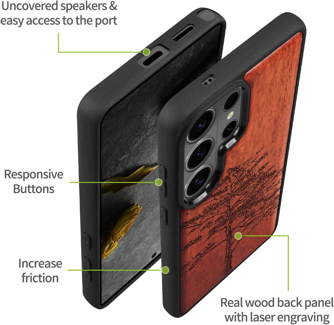 Carveit Magnetic Wooden Case for Samsung Galaxy S26 Ultra Case 2026, TPU Shockproof Cover & Wood Artisan Engraved, Compatible with MagSafe Wireless Chargers (Vintage Pine Tree Sketch) Rosy