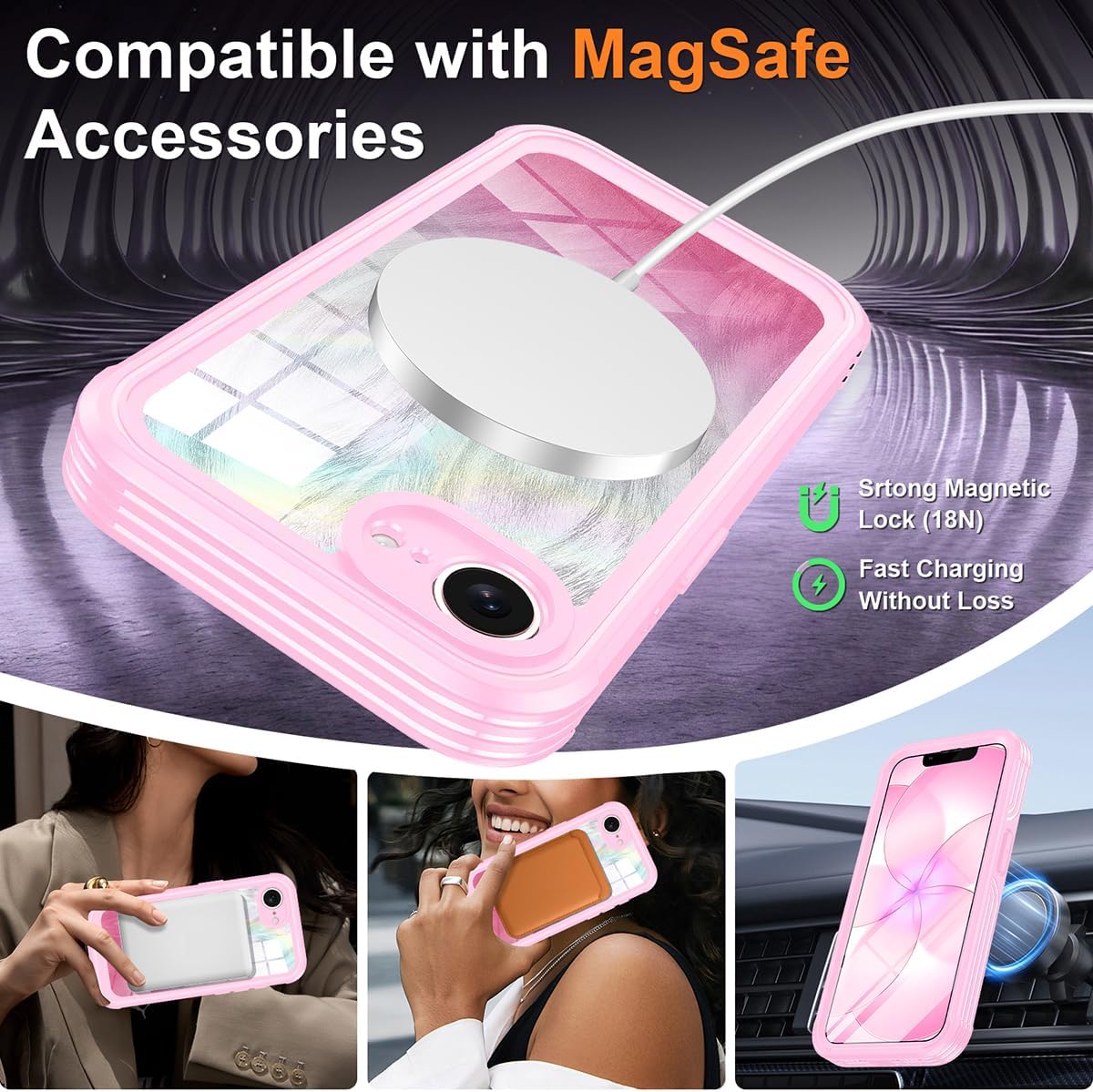 Bizzib for Apple iPhone 17e/16e Case Compatible with MagSafe Built-in 9H Screen Protector & Camera Lens Guard Military Grade Full Body Protection Shockproof Phone Case Cover,Pink Glitter