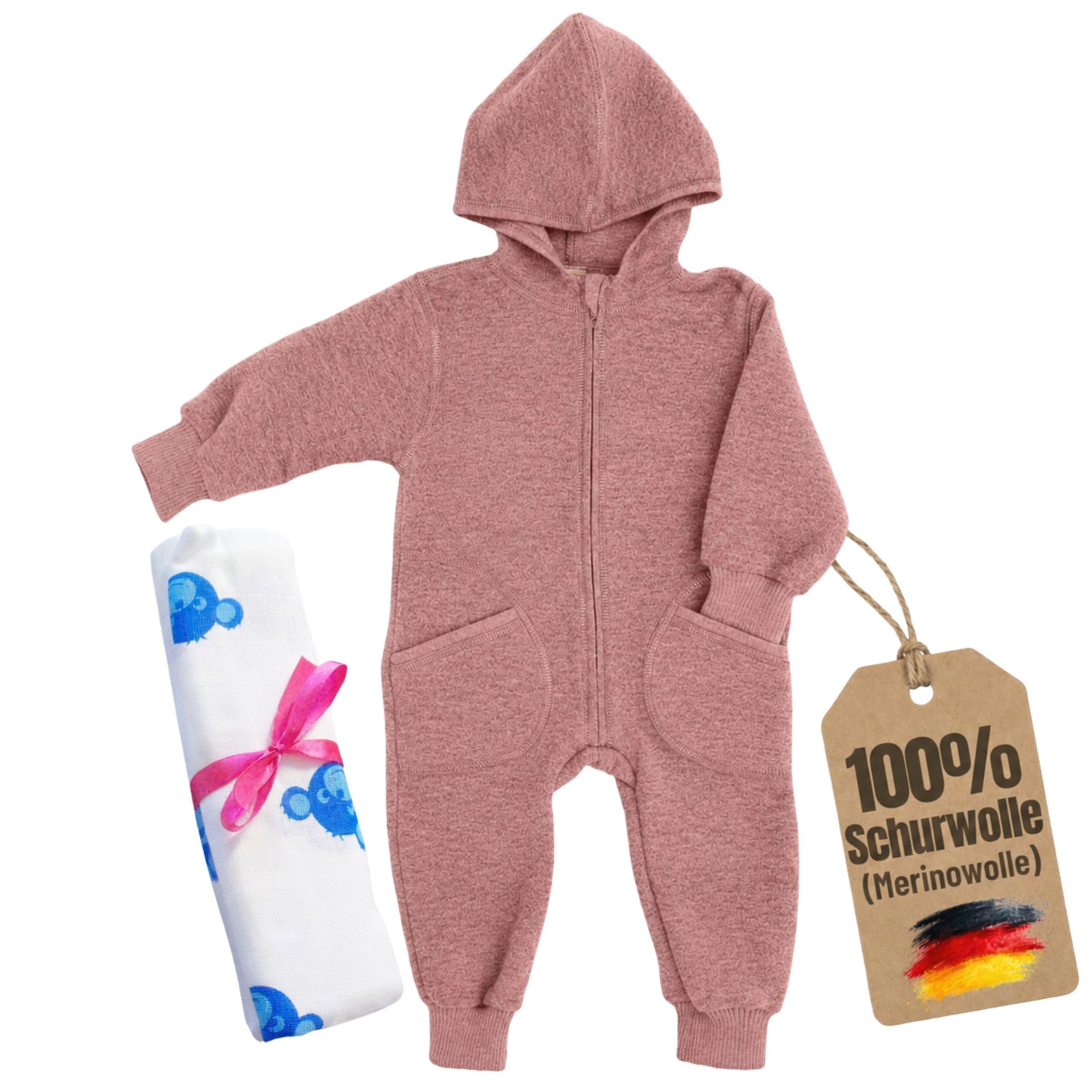 Engel Wollwalk Overall Baby & Windel Blaubaer - Walkoverall baby mit Kapuze 100% Schurwolle (kbT) - Baby WollwalkTemperaturregulierend, Hautfreundlich, Bio-Merinoschurwolle, Mit Reißverschluss
