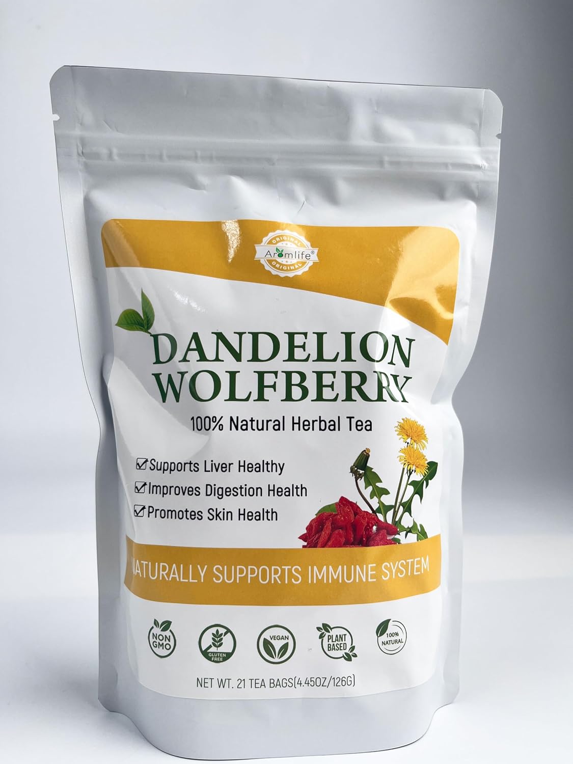Aromlife Dandelion Wolfberry Tea, 21 Teabags with Dandelion Root, Goji Berry, Milk Thistle & Chrysanthemum, Individually Wrapped, Caffeine-Free Tea - Image 3