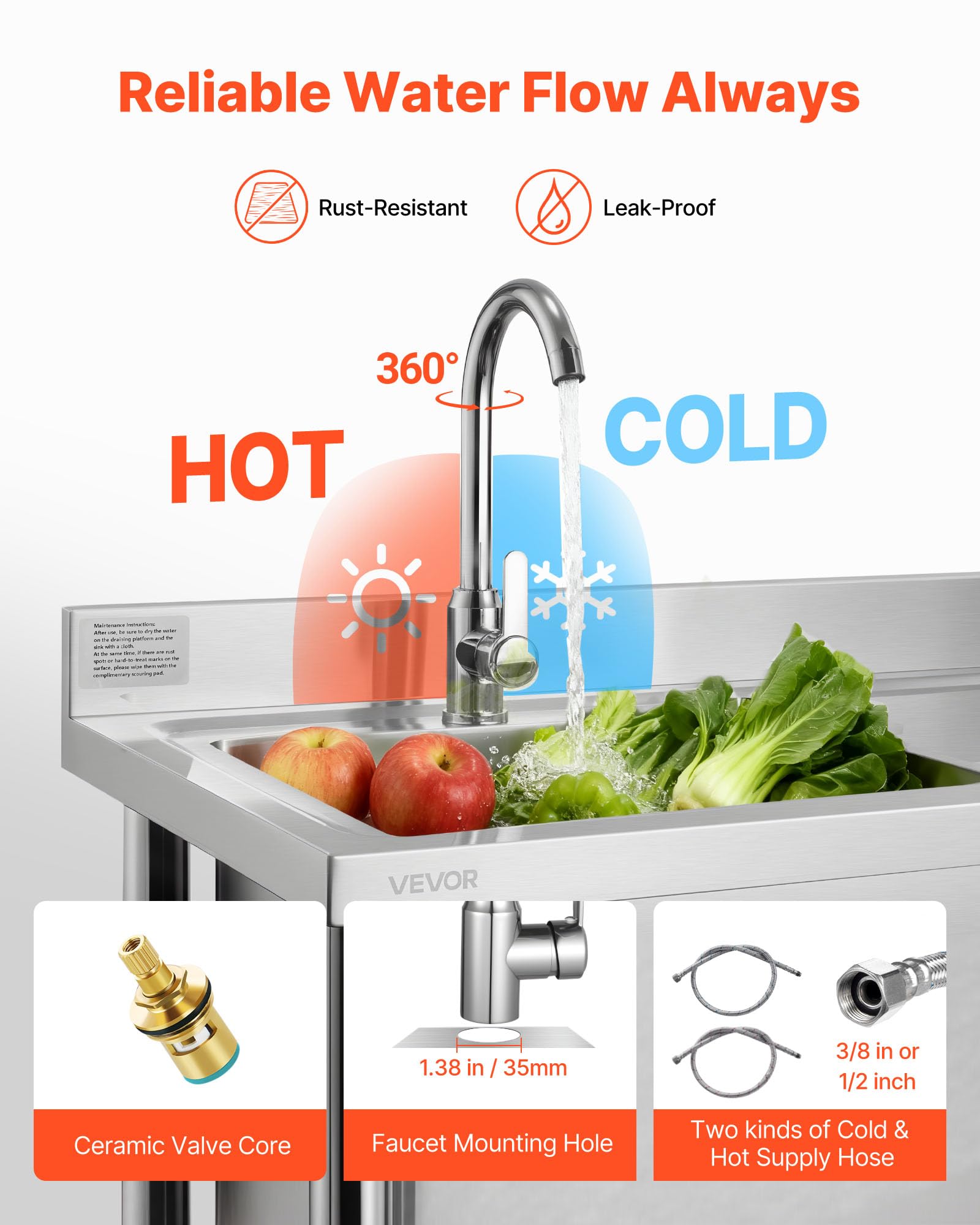 VEVOR Fregadero de Cocina Utilitario de Acero Inoxidable, con Cubeta Izquierda, Incluye Grifo y Tuberías para Agua Fría y Caliente, para Garaje, Restaurante, Lavandería, 100 x 50 x 94 cm, Plata