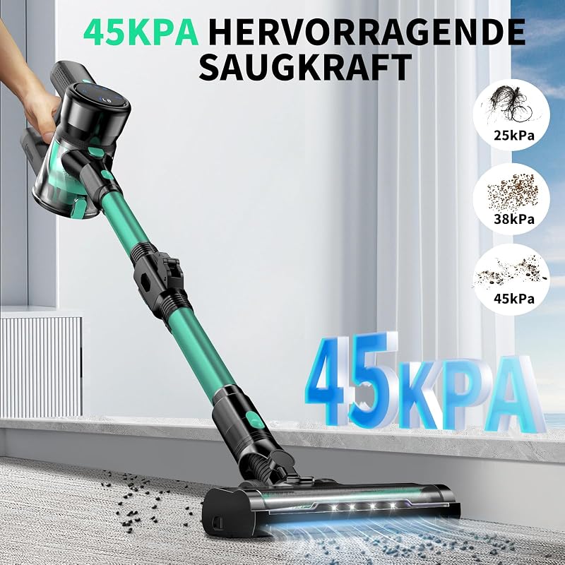 Sanfnz 45000 Pa Vezeték Nélküli Porszívó - 550W Motor, 65 Perc Üzemidő, 1,5L Tartály, LED Kijelző, 3 Fokozat, Extra HEPA Szűrők, Zöld