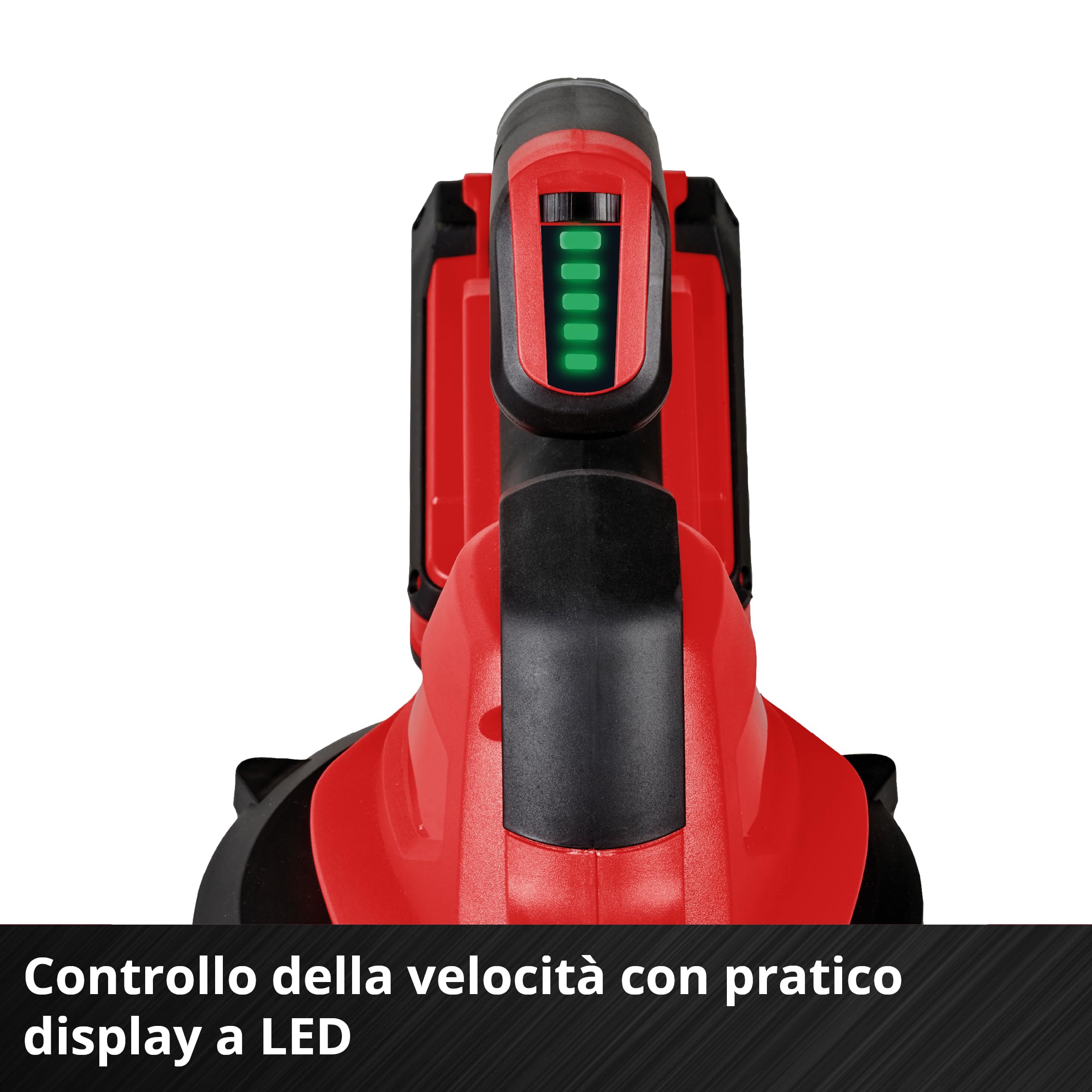 Soffiatore universale a batteria Einhell GE-UB 18/250 Li E (1x4.0 Ah) Power X-Change: 18 V, velocità aria 250 km/h, tubo a 3 pezzi e controllo della velocità con display LED. Senza batteria.