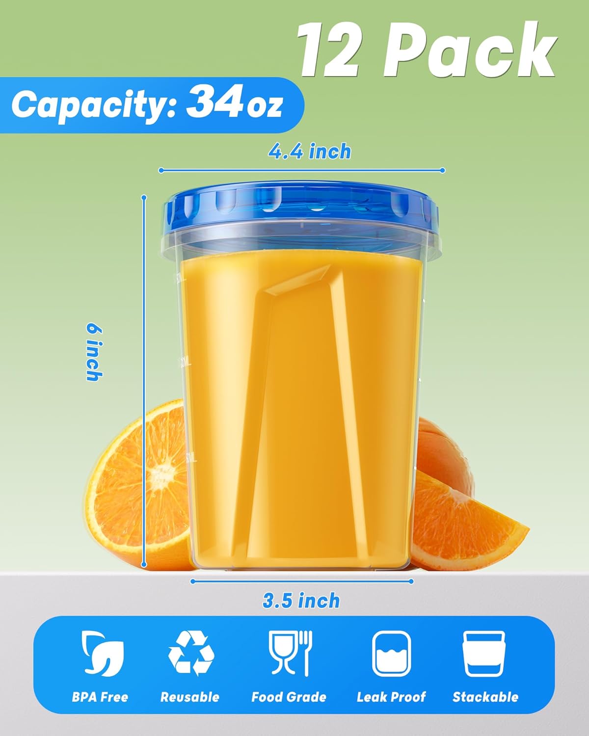 12 Pack-34oz Freezer Storage Containers, Plastic Food Storage Containers with Twist Top Lids, BPA Free and Reusable Soup Containers with Lid, Microwave and Dishwasher Safe