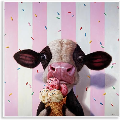 Stupell Industries Linda vaca bebé con cono de helado a rayas rosas, diseñada por Lucia Heffernan, placa de pared, 12 x 12 pulgadas, marrón
