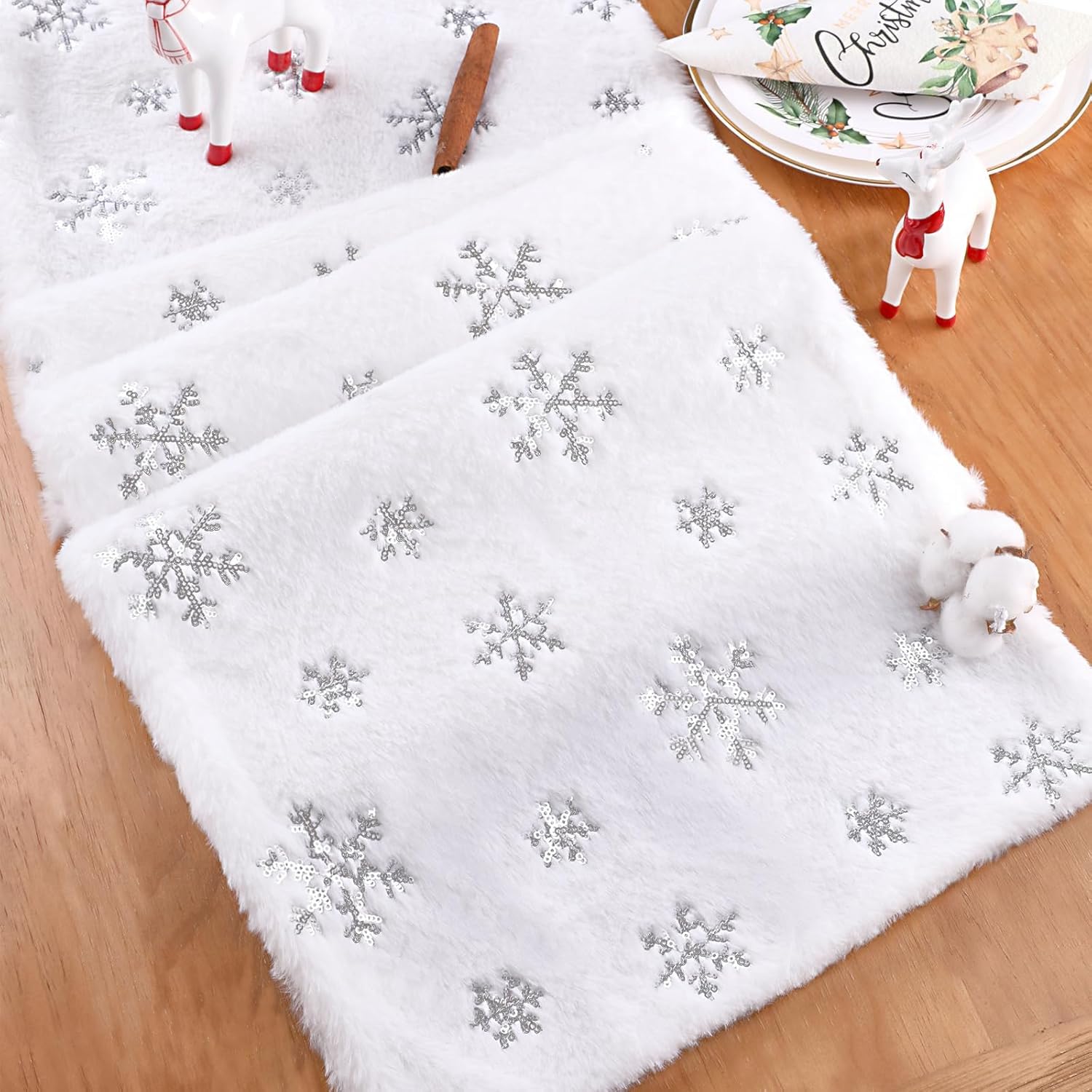 BrillShine Weihnachten Tischläufer, Weiß Schneeflocke Faux Fur Tischläufer Weihnachten Deko (35x180cm)