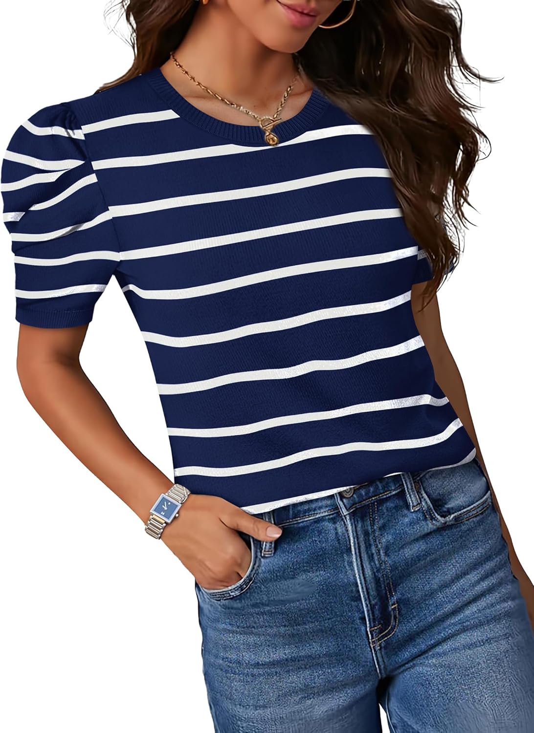 SAMPEEL Short Puff Sleeve Sweaters for Women Knit Tops 2026 Trendy Crewneck Striped T Shirts Casual Summer Blouses - Image 2
