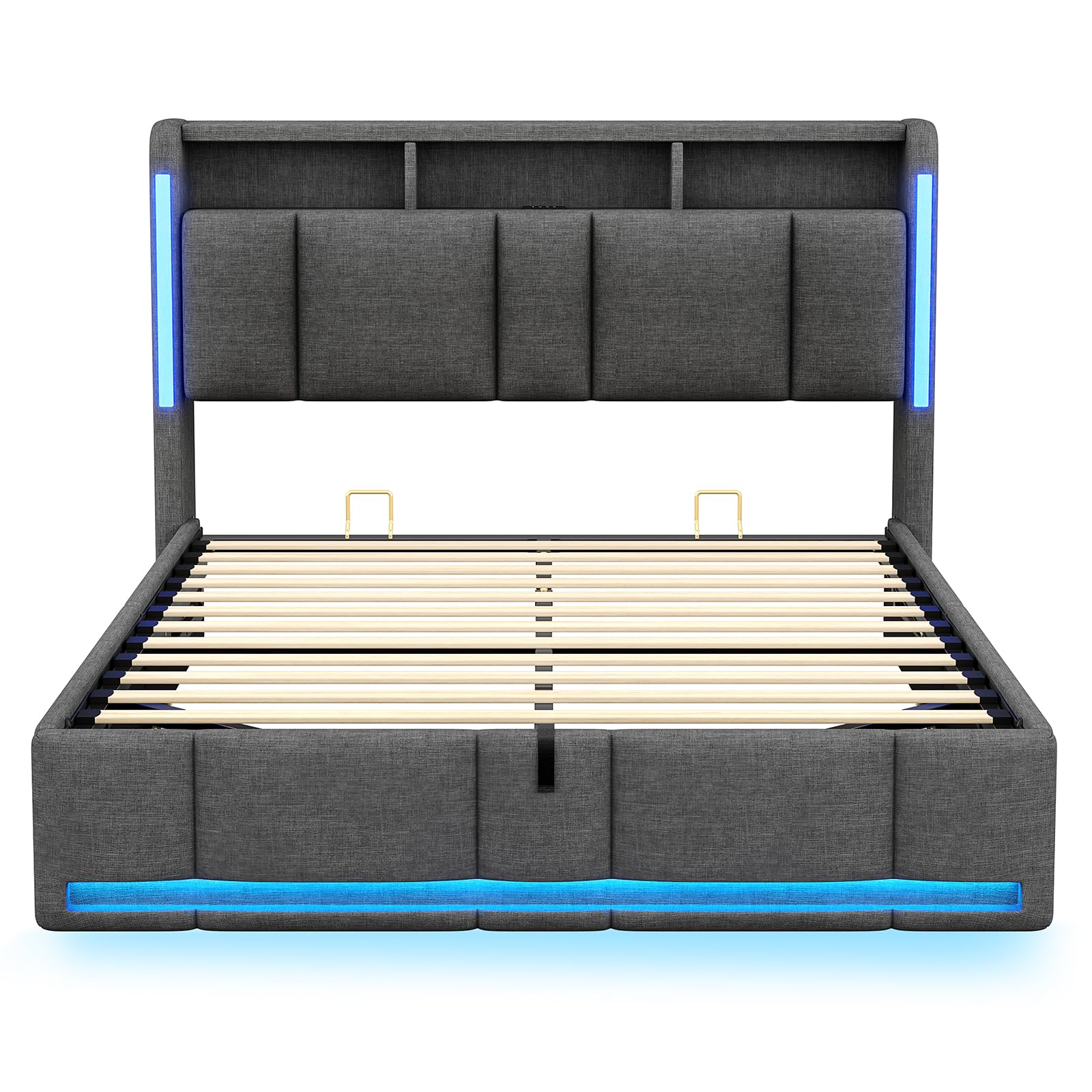 AOGLLATI Polsterbett 140×200 mit Steckdosen & LED Beleuchtung, Doppelbett 140x200 mit Stauraum Kopfteil & Hydraulischem Stauraum, Bettgestell mit Lattenrost,Jugendbett, Linen, Ohne Matratze,Dunkelgrau