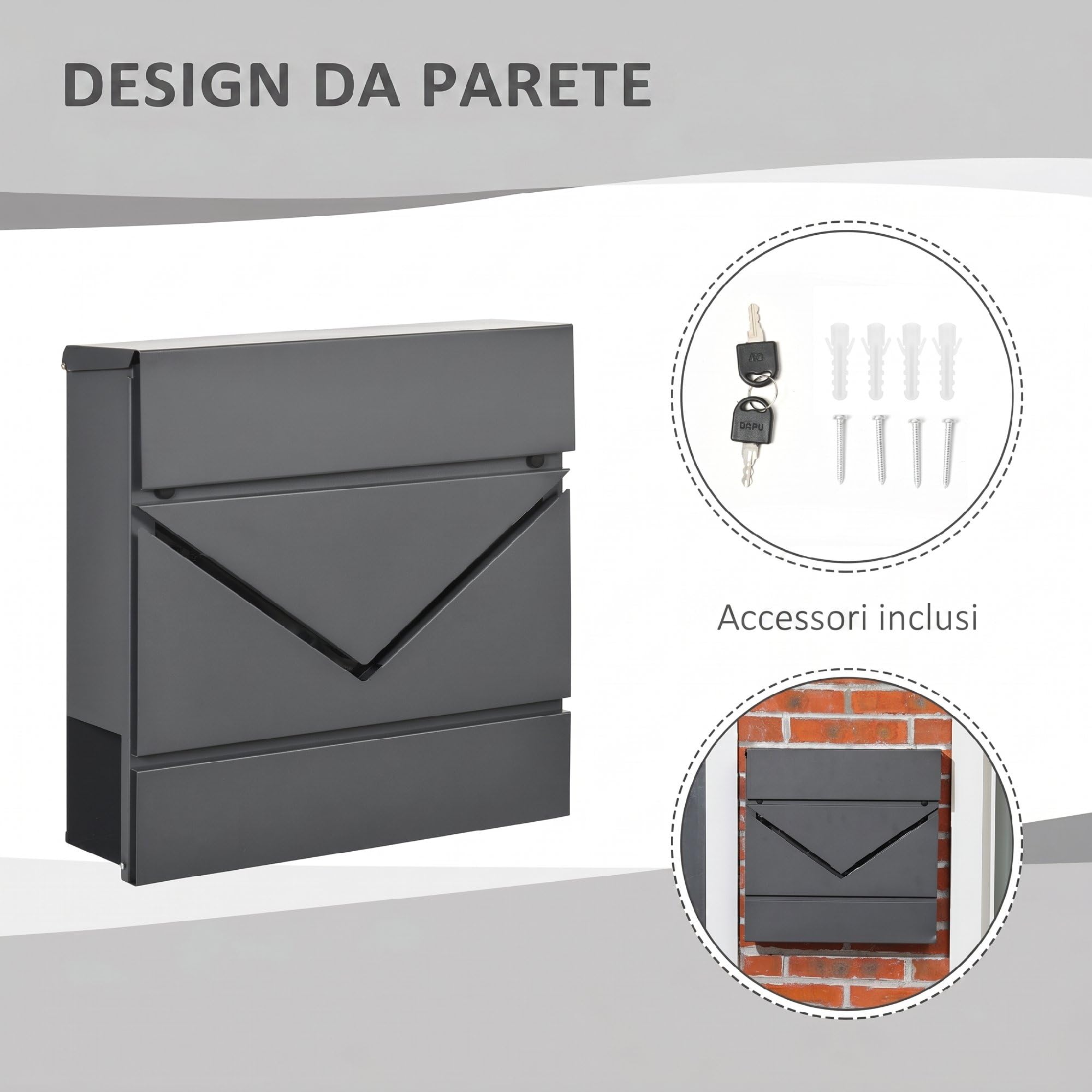 HOMCOM Cassetta Postale in Acciaio Zincato con Portagiornali e 2 Chiavi di Sicurezza incluse, 37x10.5x37 cm, Grigio