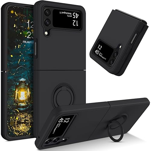 DUEDUE Design for Samsung Galaxy Z Flip 4 5G Case Liquid Silicone Soft Gel Rubber Slim Cover Cases with Ring Holder Kickstand Shockproof Phone Case for Samsung Z Flip 4 5G 6.7", Black