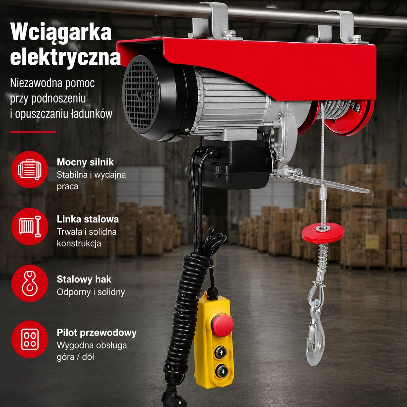 Elektryczny wciągnik linowy 1000 kg, silnik 1600 W, podnoszenie 12 m, prędkość 10 m/min, stalowa lina, hak stopowy do garażu magazynu fabryki