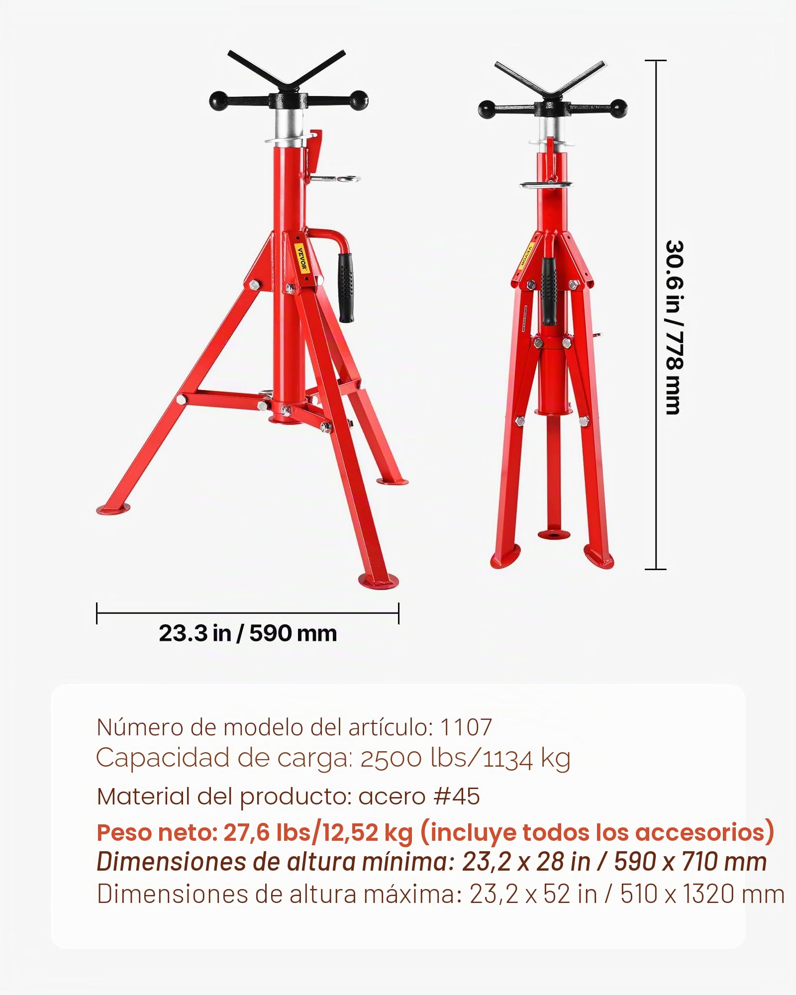 Mophorn Soporte de Tubo Alto con Cabeza en V Plegable Capacidad de Tubo 30 cm, Altura 71-132 cm Capacidad: 4500lbs