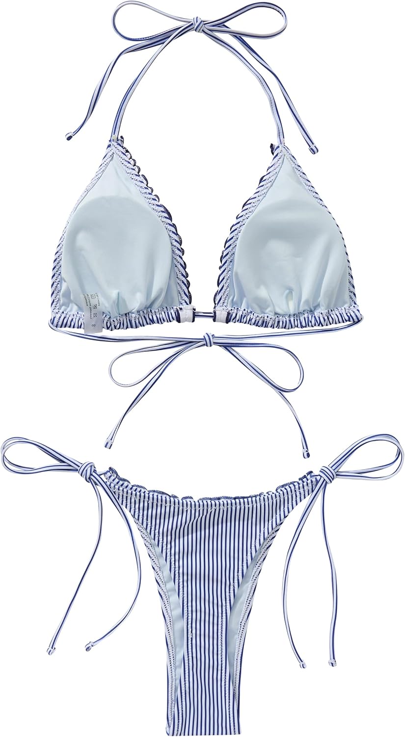 SUUKSESS Women Ruffle Thong Bikini Sets Halter String Triangle 2 Piece Swimsuit - Image 3