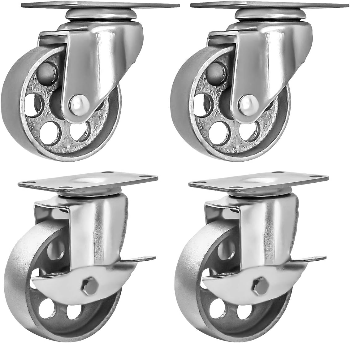 4 All Steel Swivel Plate Caster Wheels w Brake Lock Heavy Duty High-Gauge Steel Gray (3″ Combo)