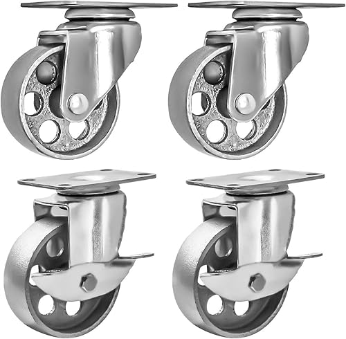 4 ruedas giratorias con placa giratoria de acero, con traba de freno, resistentes, con una capacidad total de 1500 libras, color gris.