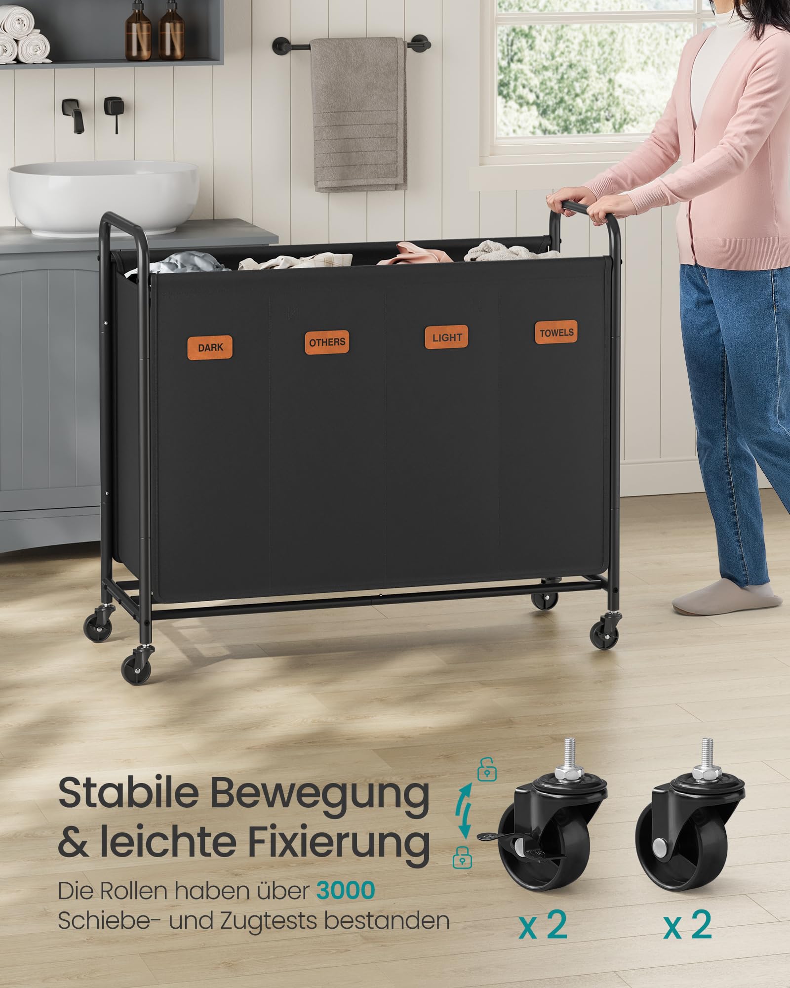 SONGMICS Wäschekorb mit Rollen, Wäschesammler 4 Fächer, 200 L Wäschesortierer, beweglicher Wäschewagen, 5 Etiketten, für Waschküche, Schlafzimmer, Badezimmer, tintenschwarz RLS460B01