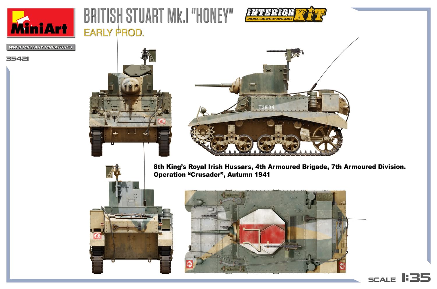 MiniArt 35421 1:35 Brit. Stuart Mk.I con interno – riproduzione fedele all'originale, modellismo, kit di costruzione in plastica, artigianato, hobby, incollaggio, modellismo, assemblaggio, non
