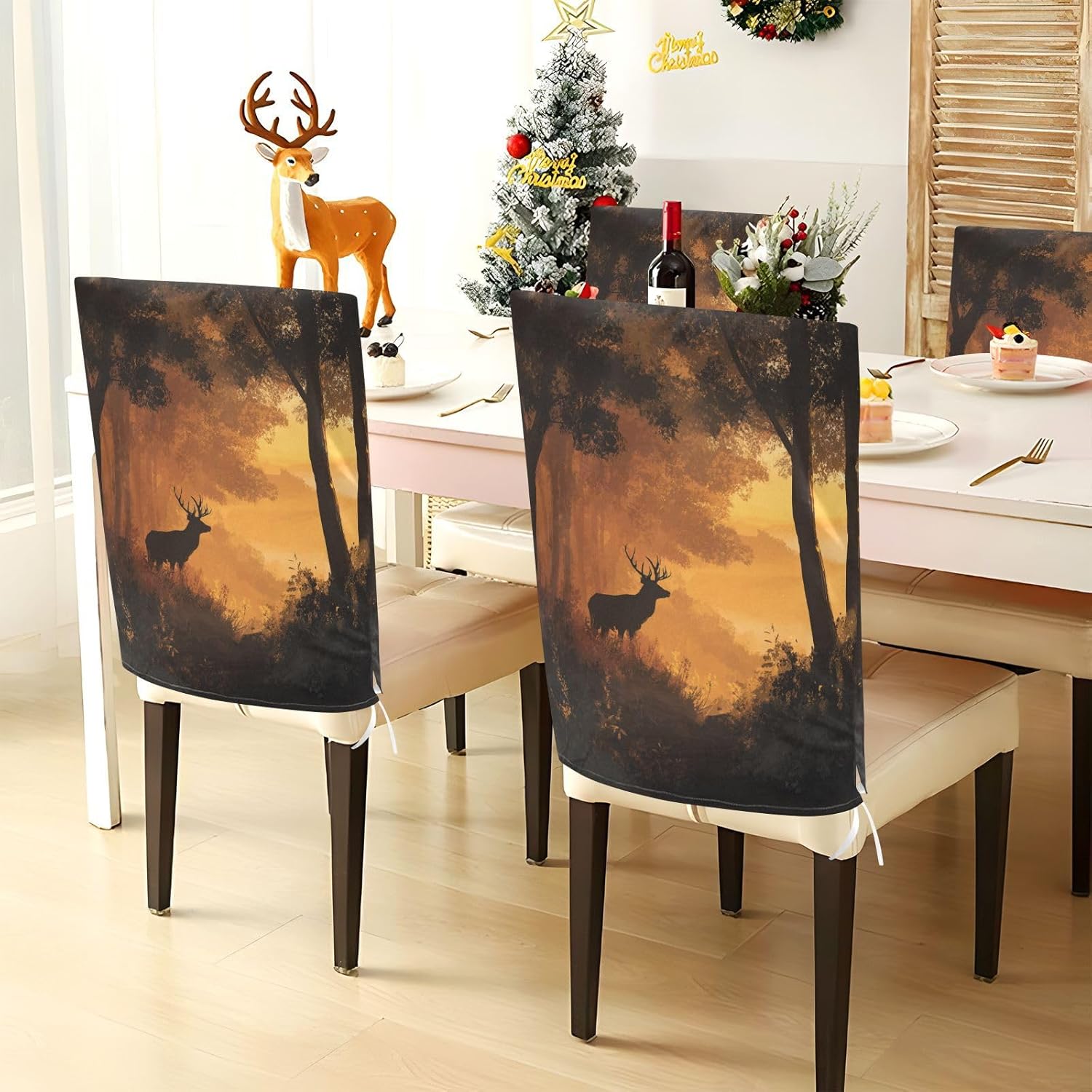 ALAZA Deer in Forest Sunset Chair Back Cover Set of 6, Washable Reusable Removable Chair Slipcovers Decorative Chair Cover for Home Kitchen Wedding Party