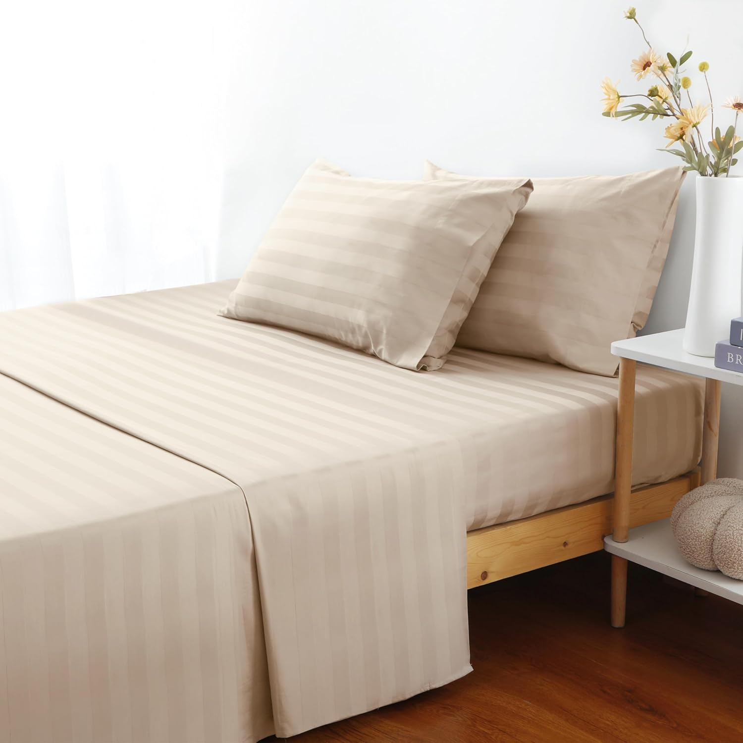 Flat Sheet Only 2 Pack,Queen Size 400 Thread Count 100% Egyptian Cotton Flat Sheet - Wrinkle, Fade, Stain Resistant (Stripe-Beige,Queen,2Pack)