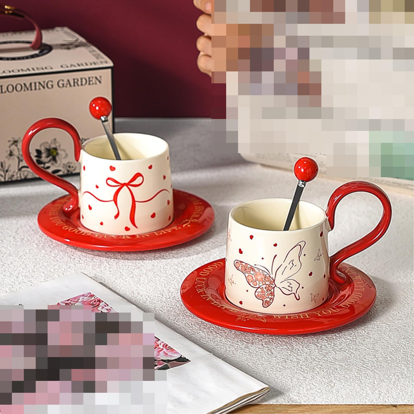 Taza de café de té rojo de la tarde de 280 ml con cuchara, taza para beber doméstica, mariposa roja, 280 ml