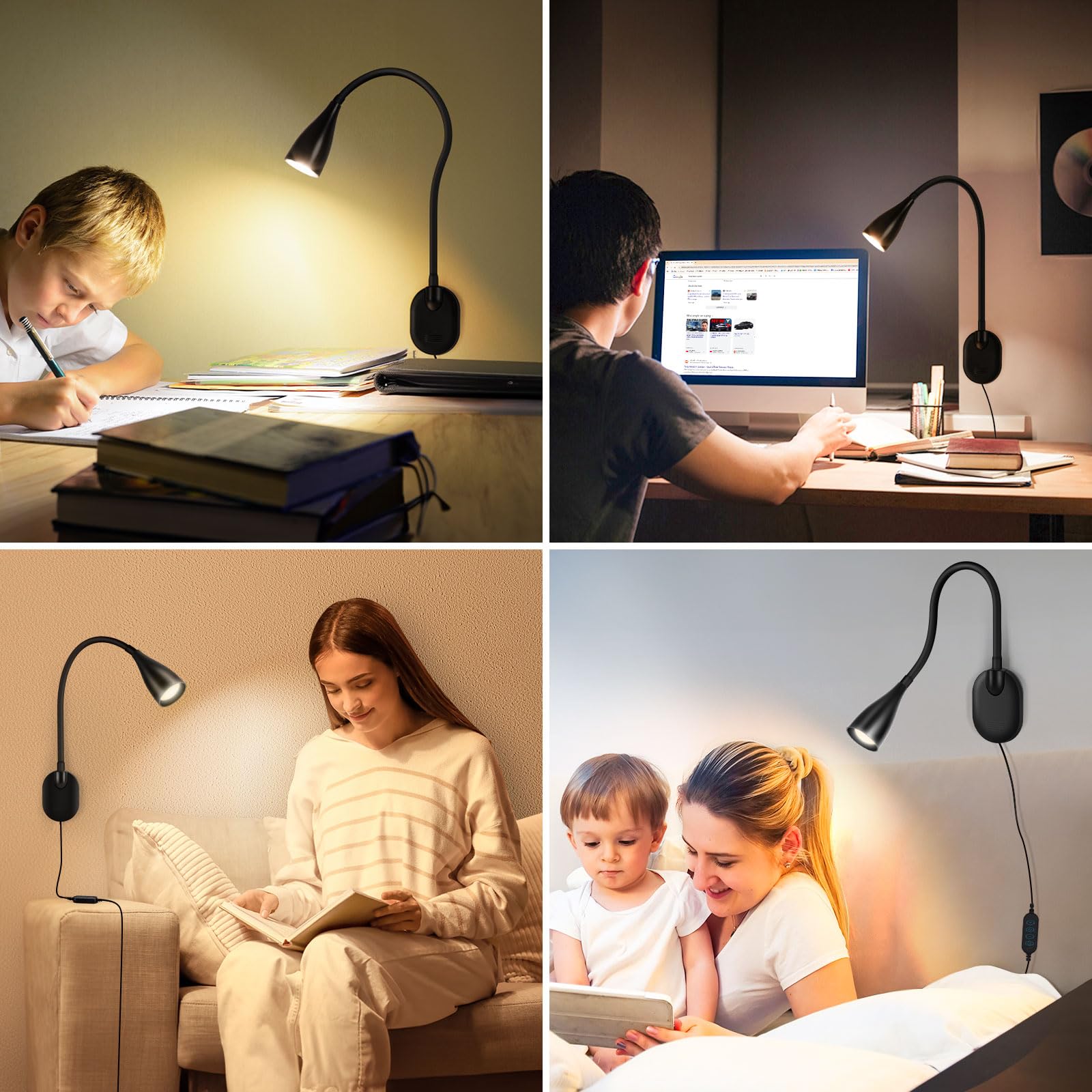LiFMIRA LED-Nachttisch-Leselampe zur Wandmontage, mit USB-Ladeanschluss, 10-stufig dimmbar und verstellbar, 5 Farben, Plug-in-Nachtlampe für Bücher im Bett, augenschonende Schlafzimmerbeleuchtung