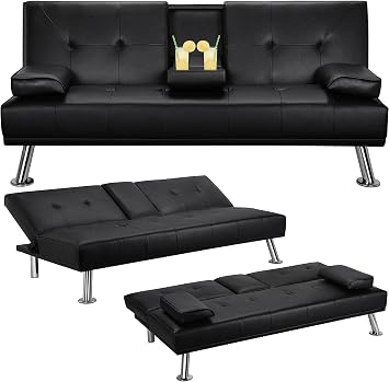 Pu Leather Convertible Futon Sofa Bed,Modern Couch Loveseat Sleeper, 3 in 1 Comfy Folding Recliner Couches Bed for Small Spaces Living Room, Adjustable Backrest, 2 Cupholders for Office Black