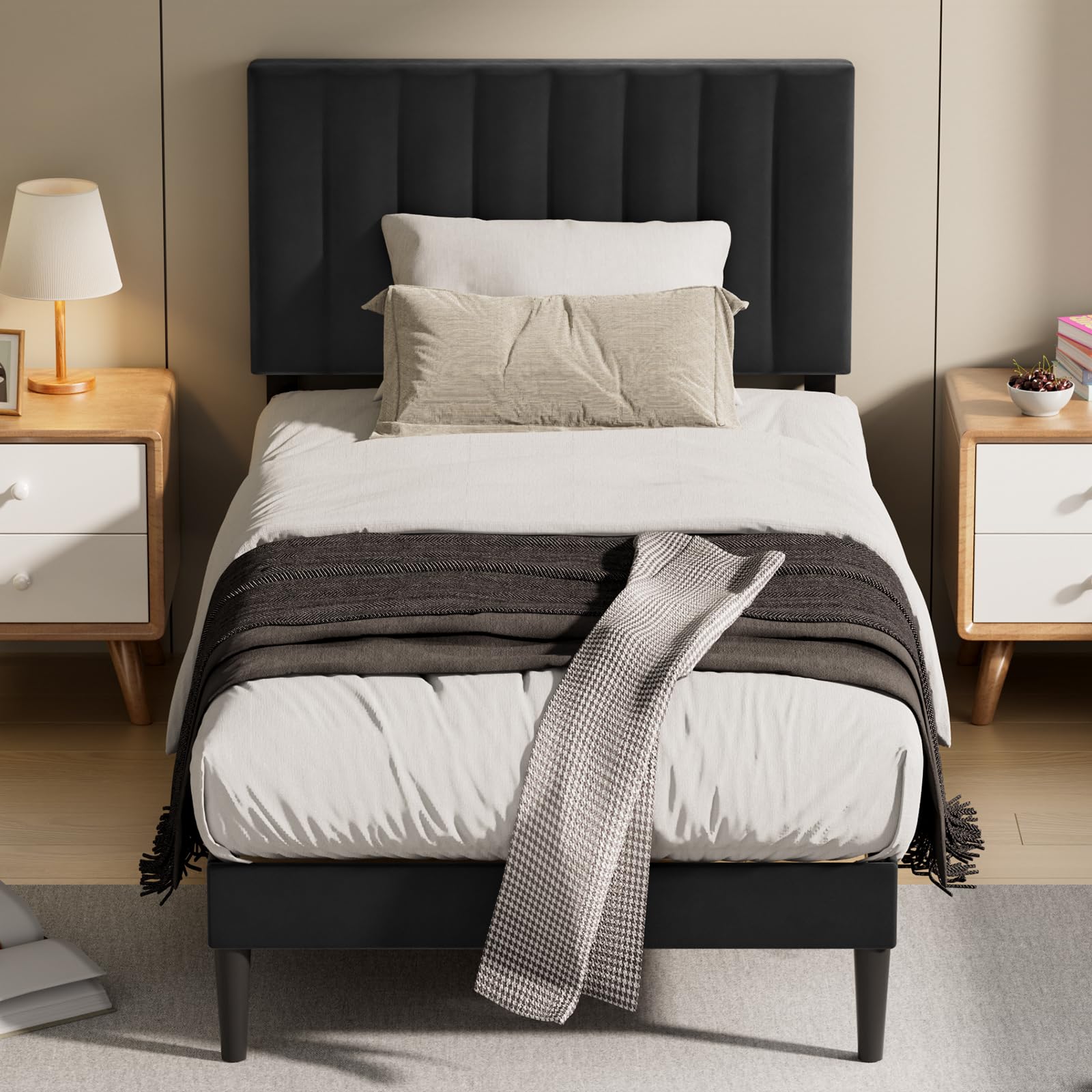 KUTAS Upholstered Bed 90x190 cm, Bed Frame with Adjustable Headboard and Slatted Bed Base, Sturdy Bed Frame, Up to 260 kg, Upholstered Bed, No Box Spring Required, Easy to Assemble, Black