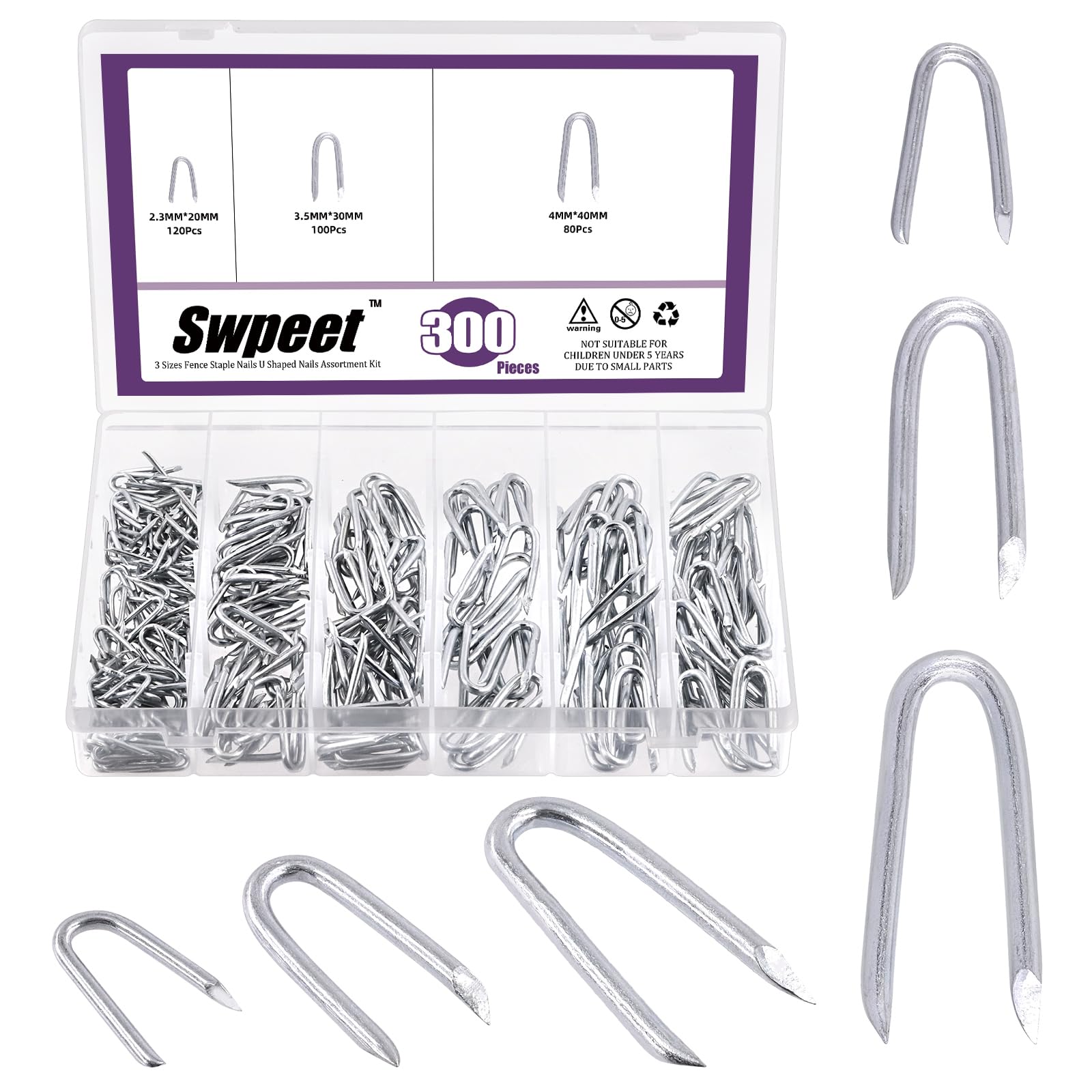 Swpeet 300Pcs 3/4" 5/6" 3/2" Steel Wire Staples Steel Fence Staple Assortment Kit, Concrete Metal Wire Twisting Fence, Fence Staple Nails, U Shaped Nails for Fencing, Wire Mesh and Woven Fencing — image 1