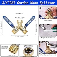 Vista 2 de Divisor de manguera de jardín de latón de 2 vías resistente, divisor de manguera de agua con válvula Y de flujo completo con mango largo levantado