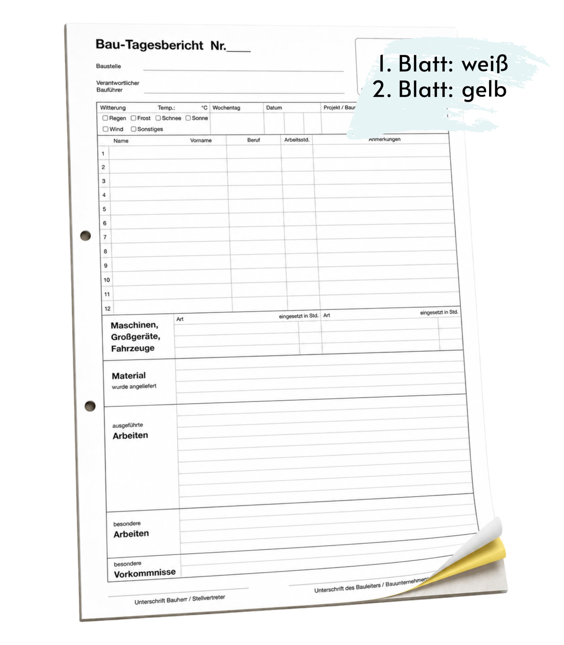 1x Bau-Tagesbericht, Baubericht DIN A4, 2-fach selbstdurchschreibend, 2x50 Blatt weiß/gelb - gelocht (22235)