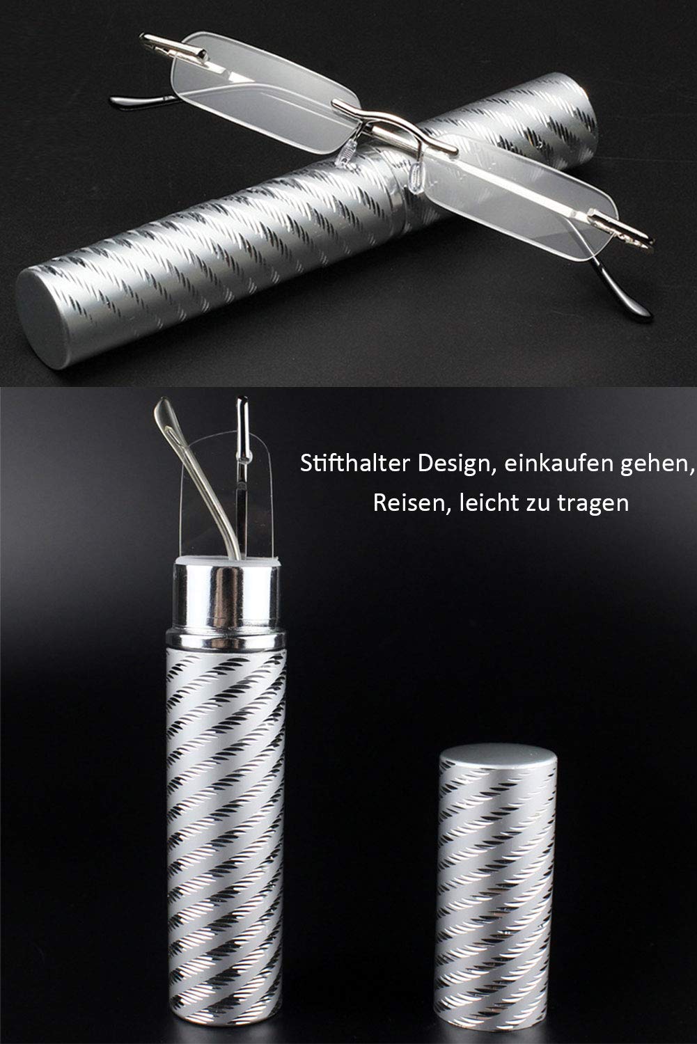 KOOSUFA Randlose Lesebrille Herren Damen Tragbar Brillenhülle Metall Federscharnier Schmal Leichte Stil Stärken lesebrille mit Brillenetui 1.0 1.5 2.0 2.5 3.0 3.5