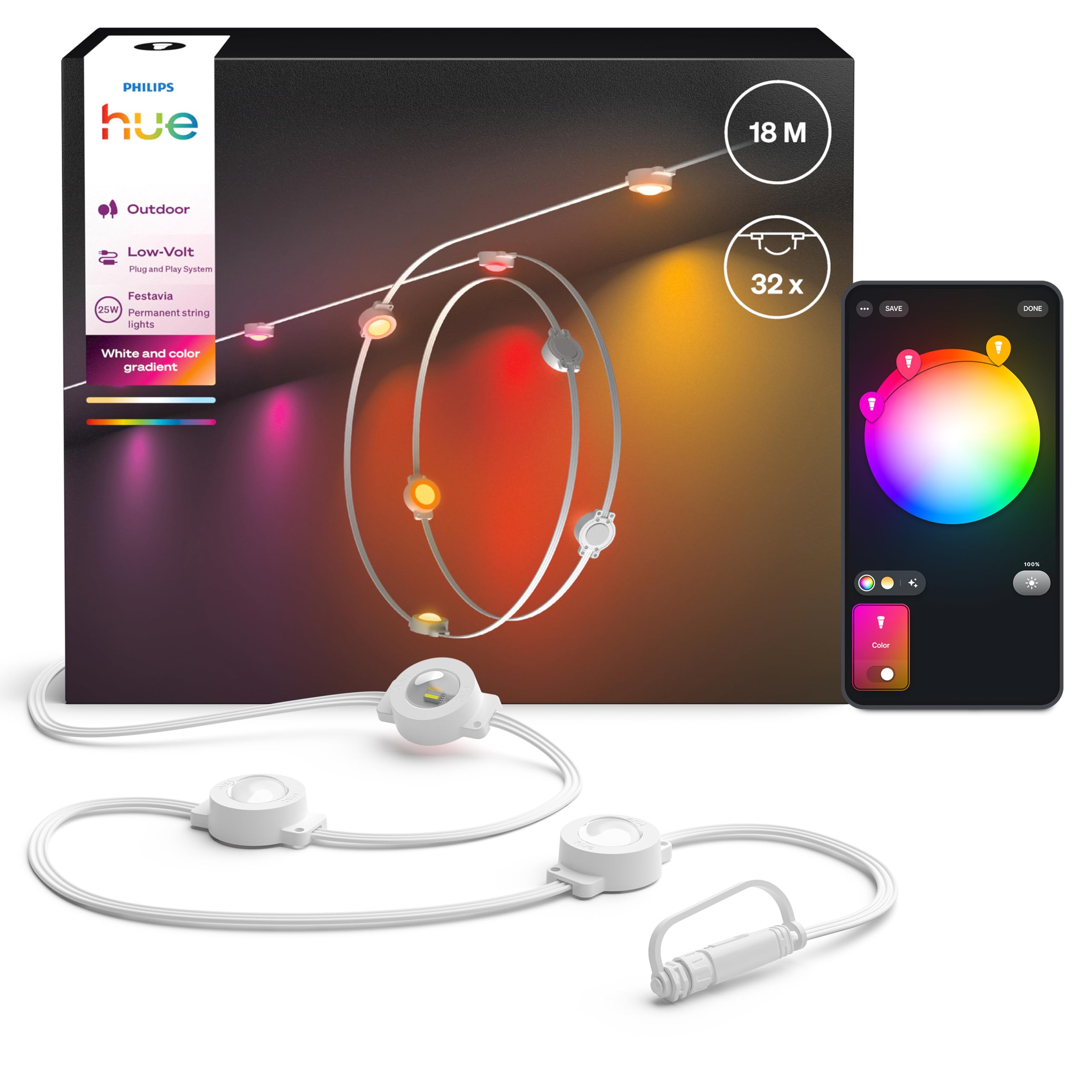 Philips Hue Strisce luminose per esterno permanenti Festavia, 18 m, 32 luci, 55 lumen/luce, int. regolabile, per ogni clima, impermeabili, facili da installare, white and color ambiance, cavo bianco