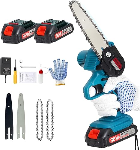 Mini motosierra, mini motosierra eléctrica mejorada de 6 pulgadas inalámbrica con 2 baterías, 2 cadenas de bloqueo de seguridad portátil, 5 x 2000