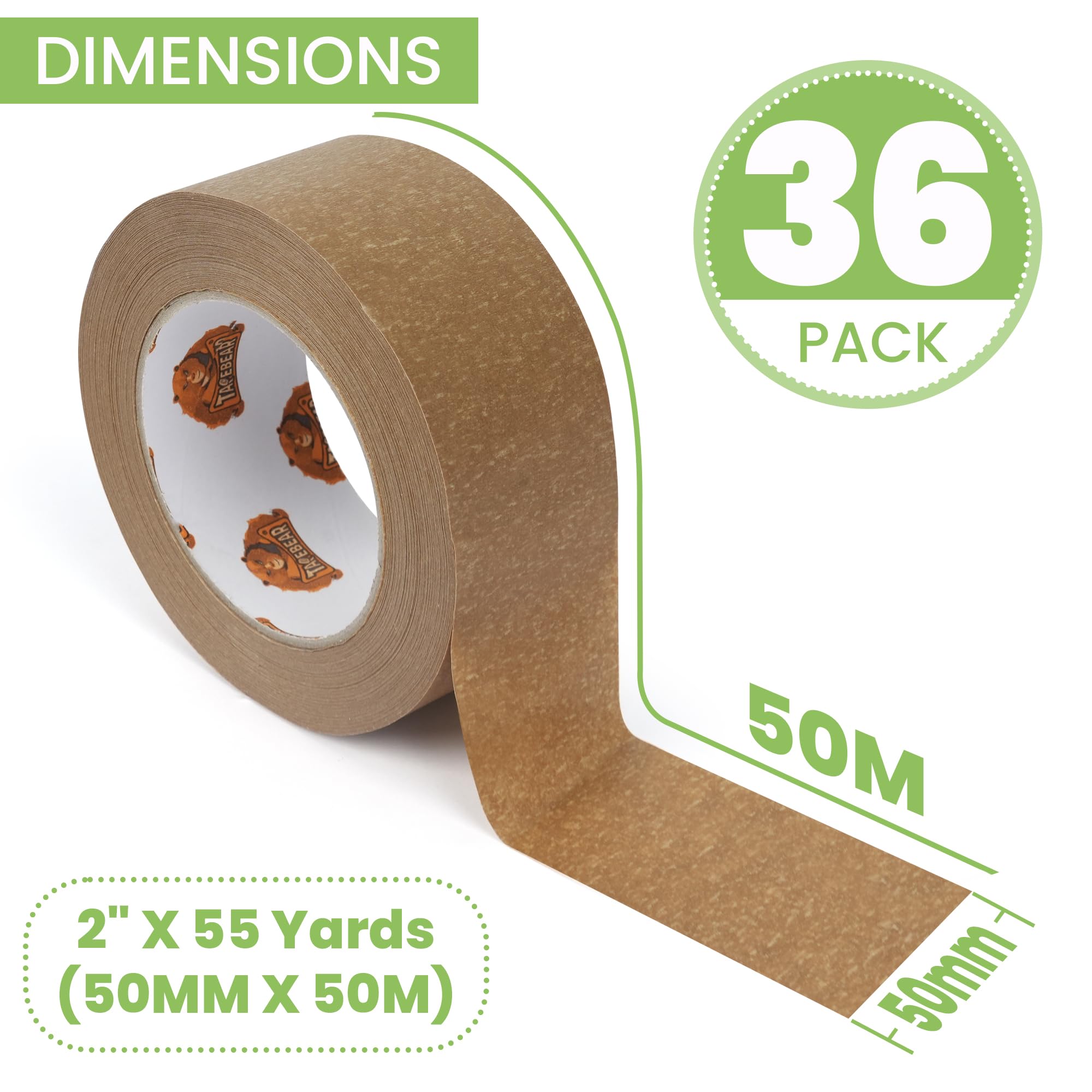 TAPEBEAR Cintas Adhesivas de Papel 50m x 50mm, Reciclable Marrón Cinta Adhesiva de Embalar para Embalaje de Cajas de Cartón de Envíos y Mudanzas, Precinto para Empaquetados Resistentes, 36 Rollo