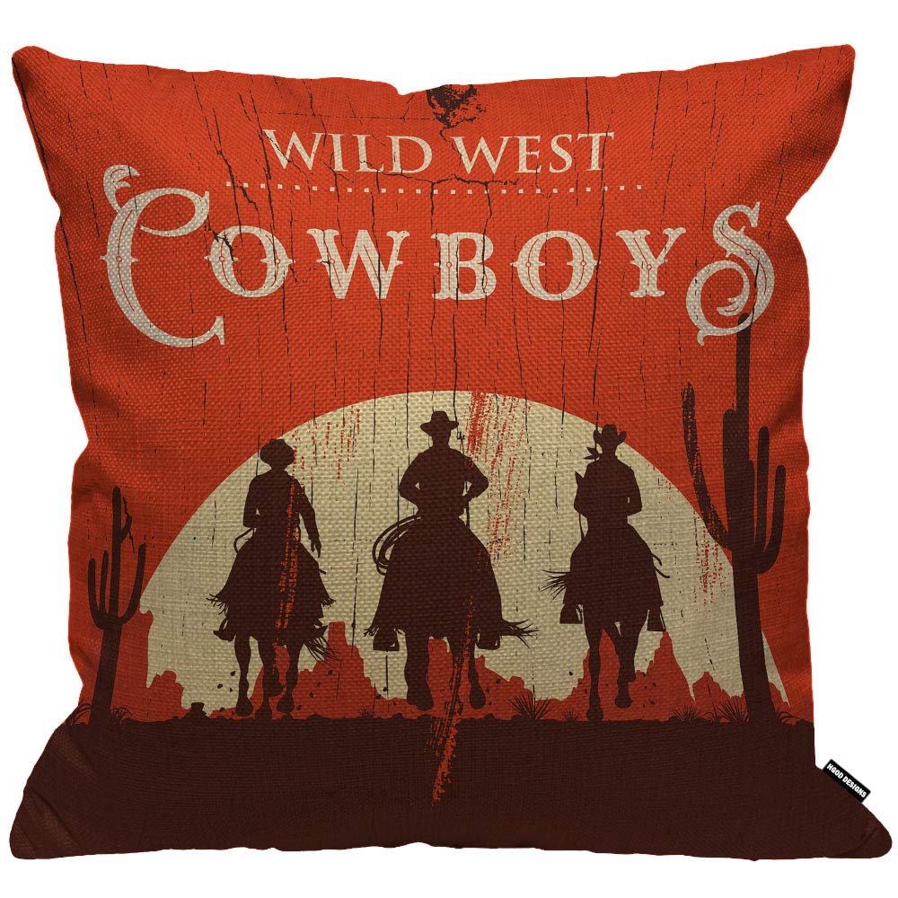 HGOD DESIGNS Cushion Cover Cowboy Vintage Western Cowboys Riding Horses Wooden Sign Rural Ranch Desert Sunset Throw Pillow Cover Home Decorative for Men/Women living room Bedroom 18X18 Inch