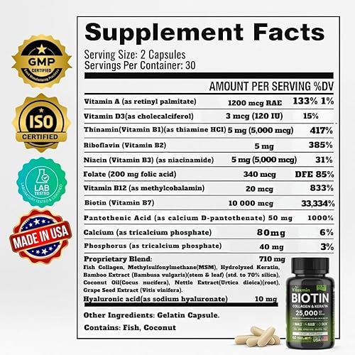 Miniatura 6 de Biotina 25,000 mcg con colágeno, queratina y ácido hialurónico - Vitaminas para el cabello, la piel y las uñas para mujeres y hombres