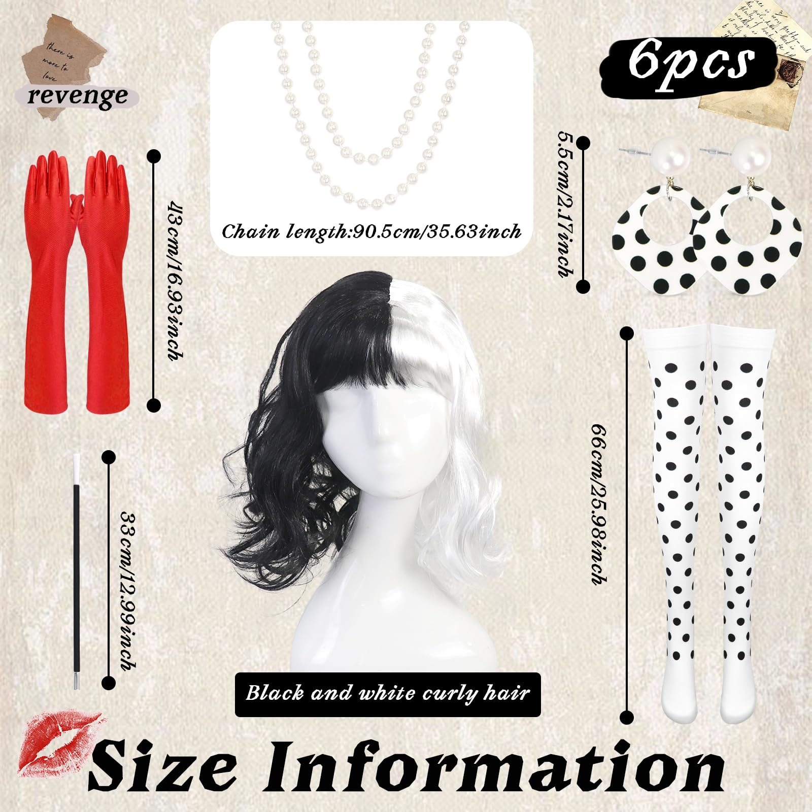 9pcs Deville Costume Accessories Set, Deville Cosplay Wig with Earrings Pearl Necklace Knee High Socks Long Gloves Handheld Props, 70s Women Fancy Dress for Halloween World Book Day Cosplay Party - Image 3