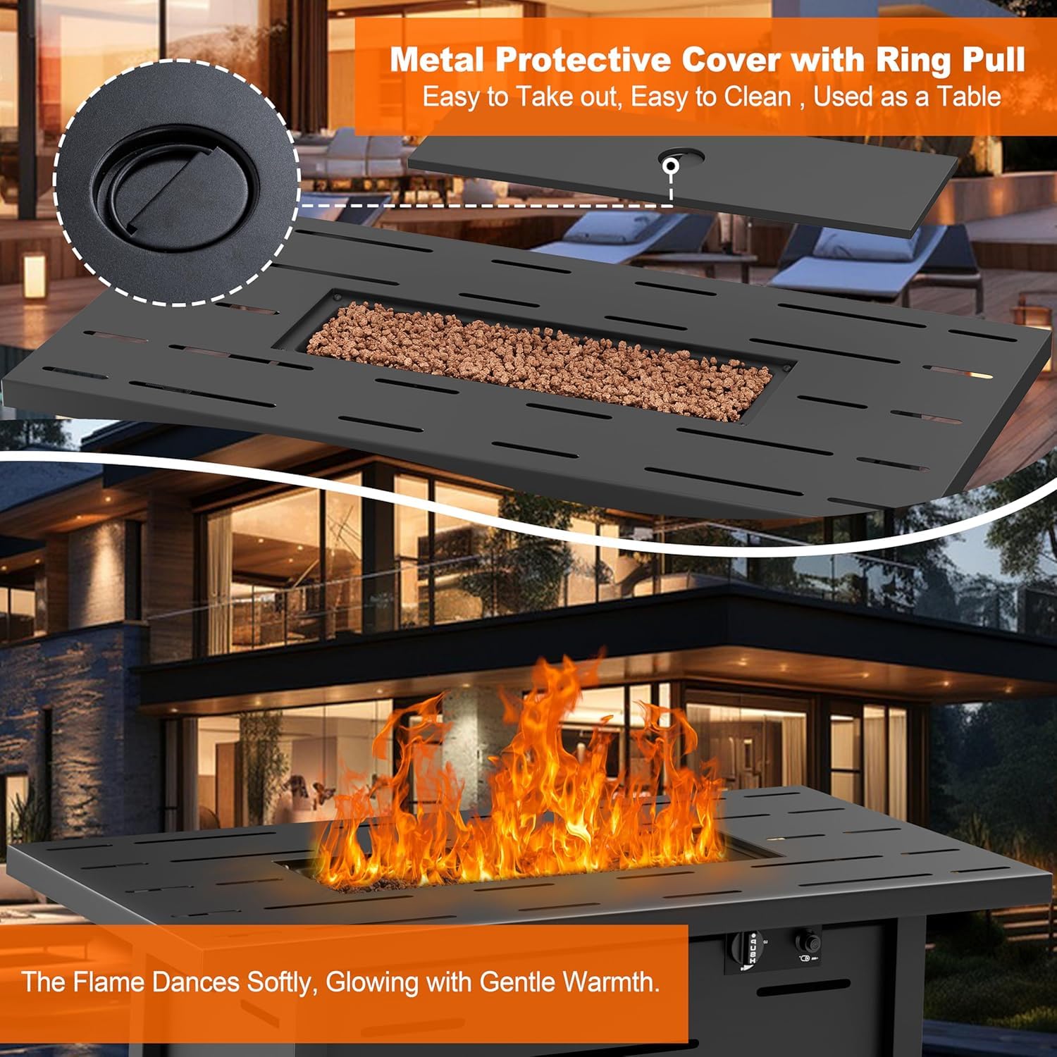 Shintenchi 43 inch Outdoor Propane Fire Pit 50,000 BTU Gas Fire Pit Table with Lid, Waterproof Cover, Rectangle Gas Firepit Table for Garden/Patio, CSA Certification - 5