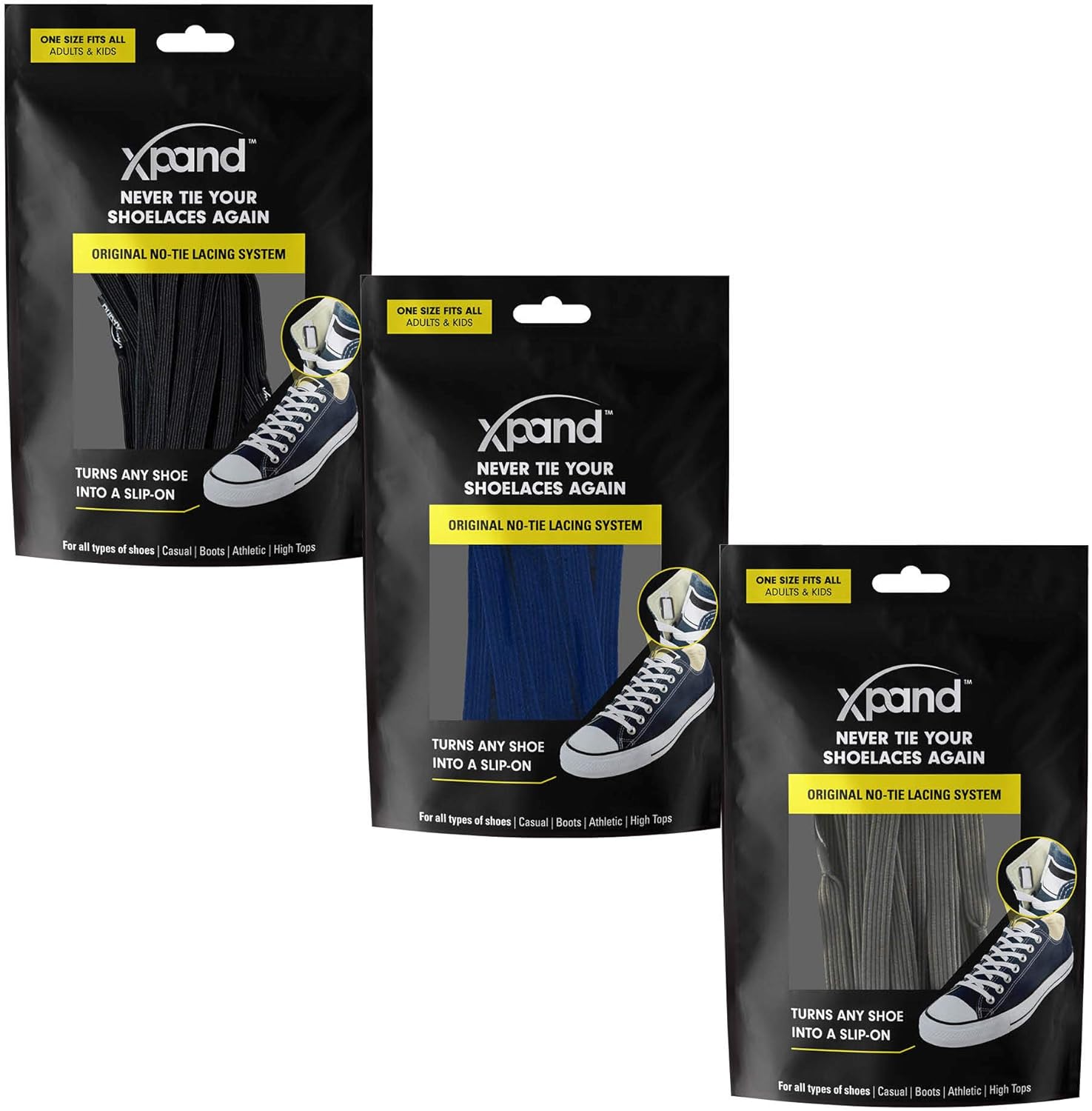 Xpand No Tie Elastic Shoelaces [3 Pairs] Move Smarter, Never Tie Again. Convenience and Comfort for Busy Parents.