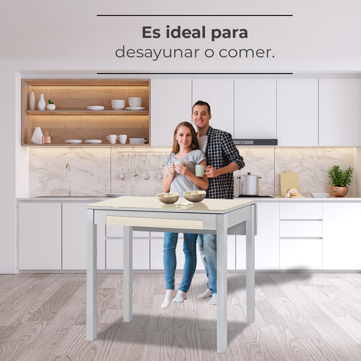 Mesa de Cocina Extensible 1 ala caída - 80x40 cm (80x60 cm) - Estructura y ala caída Color Aluminio - Tapa Cristal Color Beige