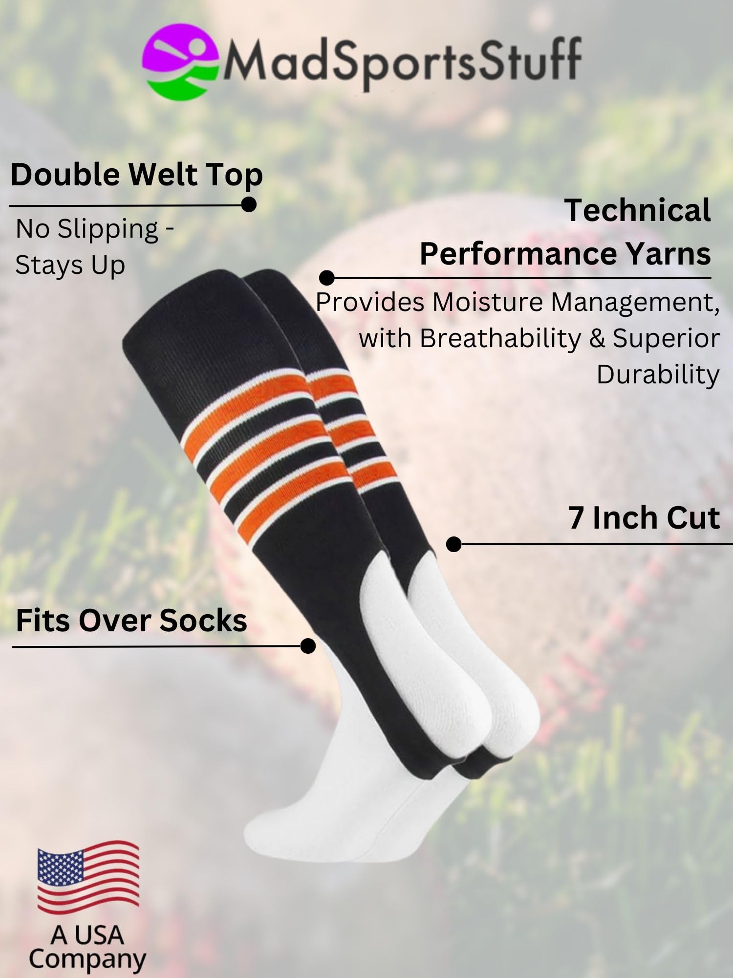 MadSportsStuff Baseball Stirrups Pattern D (Black/Orange/White, Large)