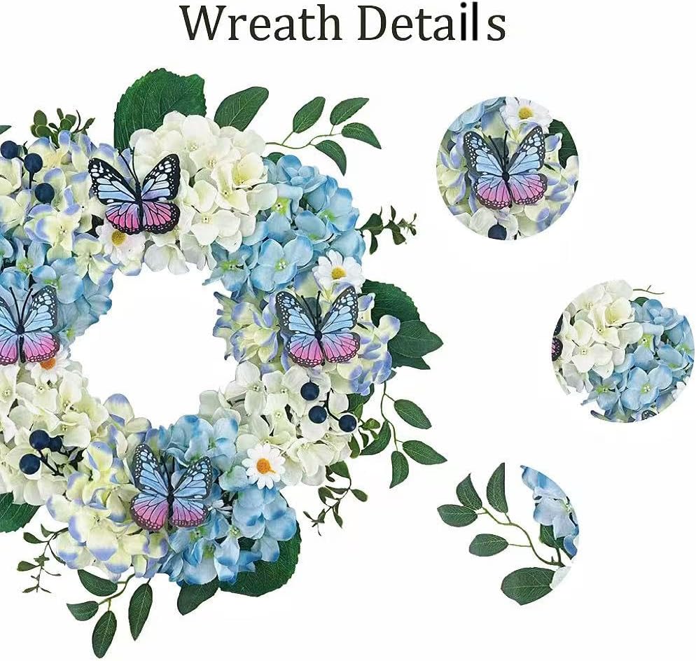 20Inch Blue Hydrangeas Wreath for Front Door,Artificial Leaves and Berries,Outdoor Wreath for Home, Farmhouse, Wedding, Outside Decor - Spring, Summer, Fall, All Seasons