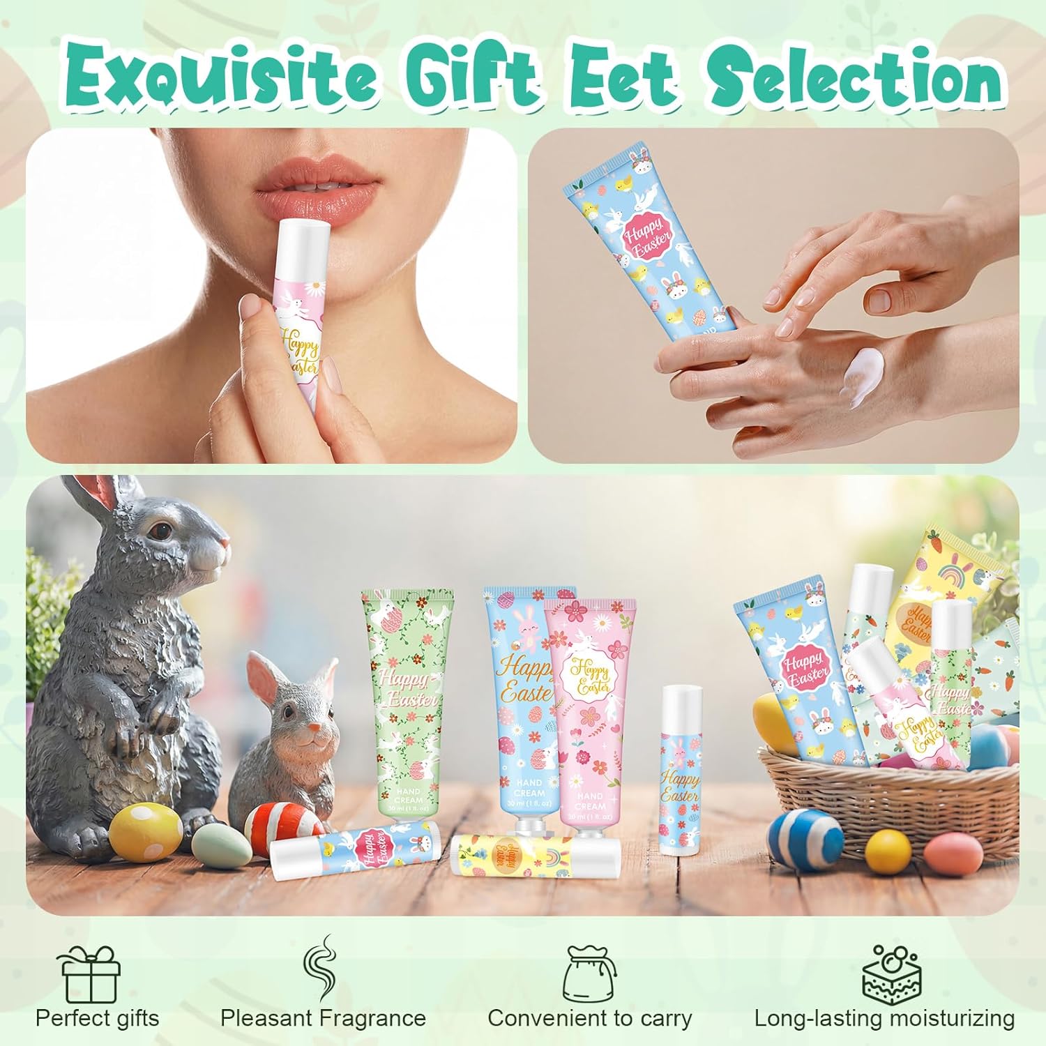 Loopeer 24 Sets Easter Basket Stuffers Bulk Hand Cream and Lip Balm Set Easter Basket Fillers Gifts for Adults Coworkers Women Men Spring Party Favors Travel Size Lotion Goodie Bag Gifts