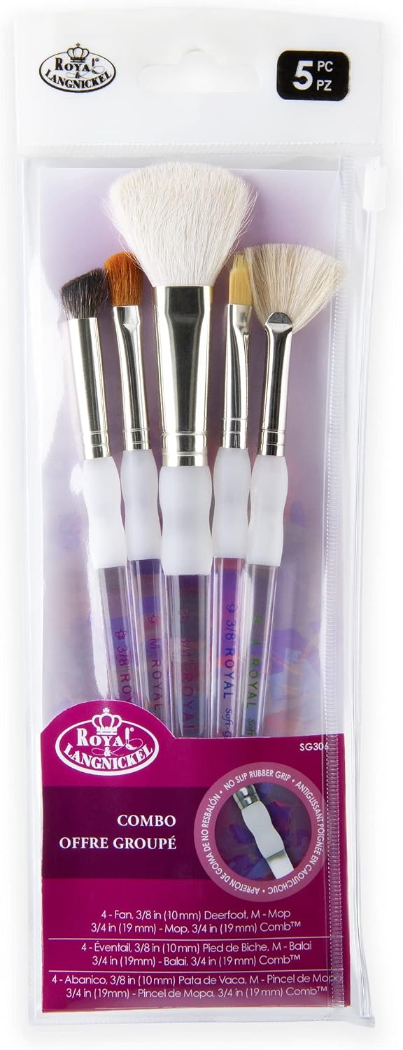 Royal & Langnickel Soft Grip 5pc Assorted Hair Texture Paint Brush Set, Includes - Deerfoot, Comb, Mop & Fan Brushes