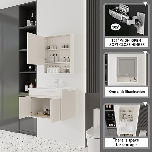 Miniatura 250 de Tocador de baño de 20 pulgadas con lavabo de cerámica, tocador de baño pequeño montado en la pared con puerta de cierre suave, gabinete flotante