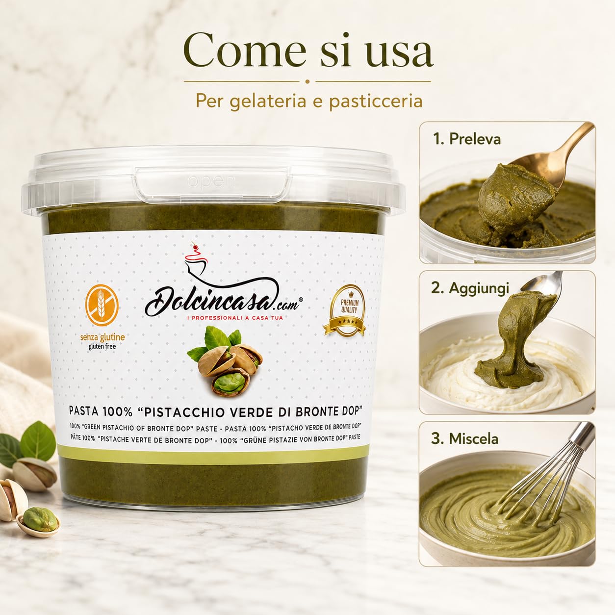 Dolcincasa Pasta Pura di Pistacchio Verde di Bronte DOP 100% - Senza Coloranti e Aromi Aggiunti - Per Gelato Artigianale, Creme, Dessert e Pasticceria Professionale - 500 g